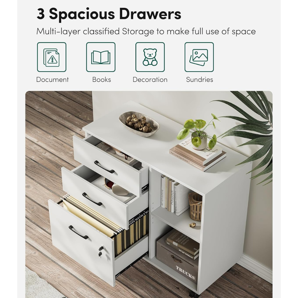 FEZIBO 3-Drawer Mobile File Cabinet with Lock & Office Storage - Image 4